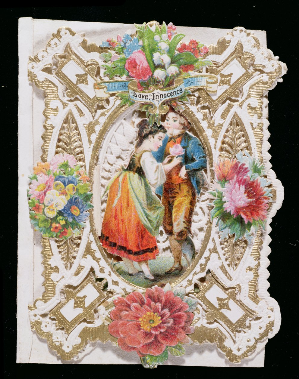 Rakkaus, viattomuus, ystävänpäiväkortti, n. 1870 (värilitho paperille) tekijältä English School