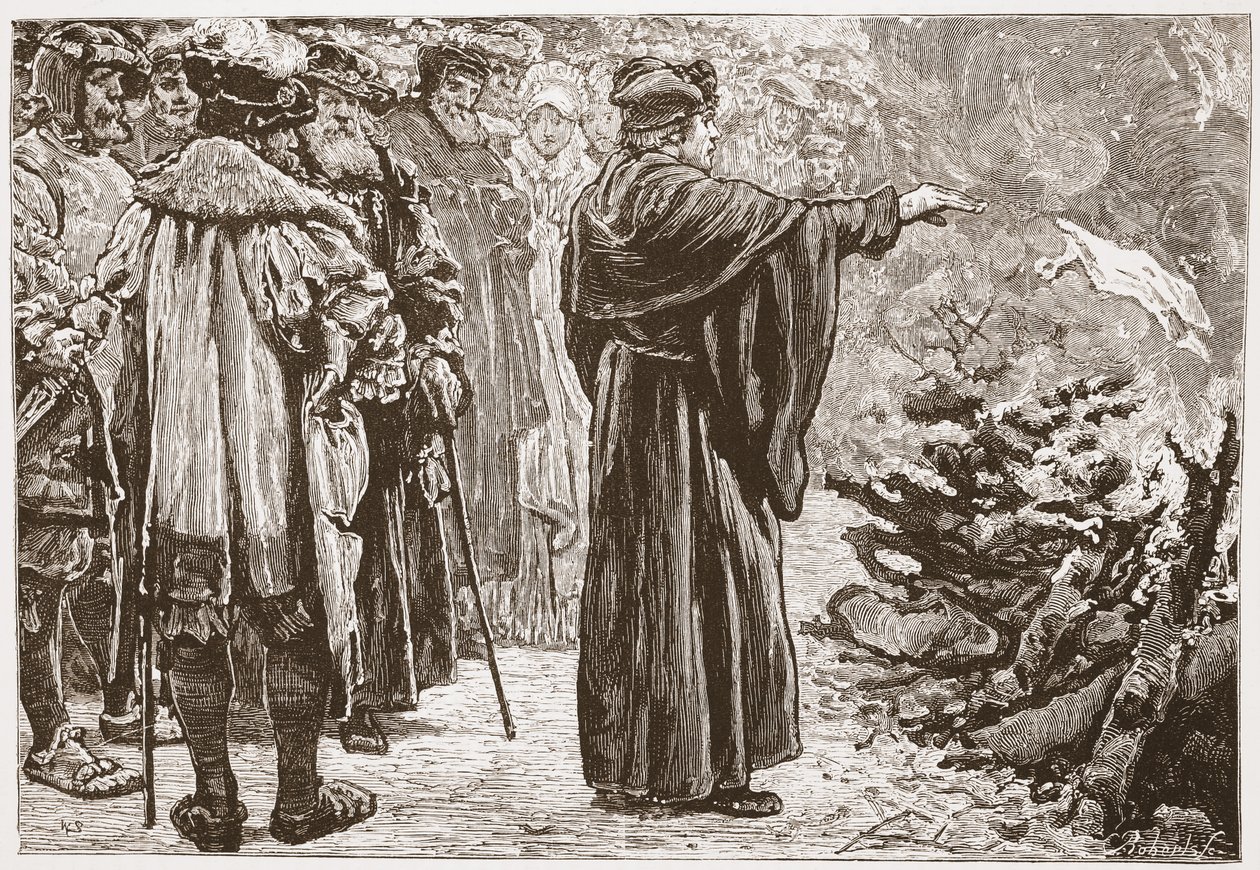 Luther Burning the Popes Bull, kuvitus James Aitken Wylien (1808-1890) Protestantismin historiasta, pub. 1878 tekijältä English School