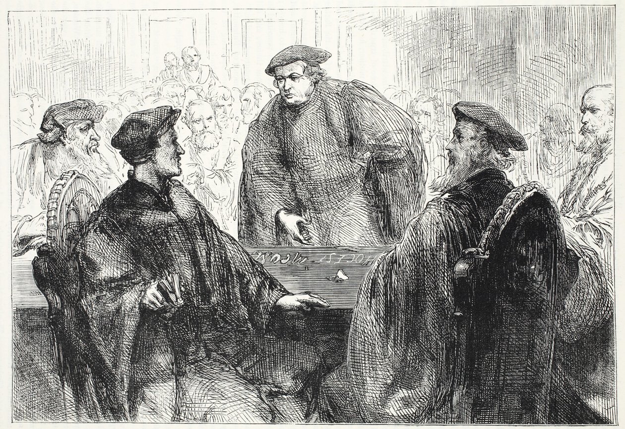 Luther ja Zwingle keskustelevat Marburgissa, esimerkki James Aitken Wylien (1808-1890) Protestantismin historiasta, pub. 1878 tekijältä English School