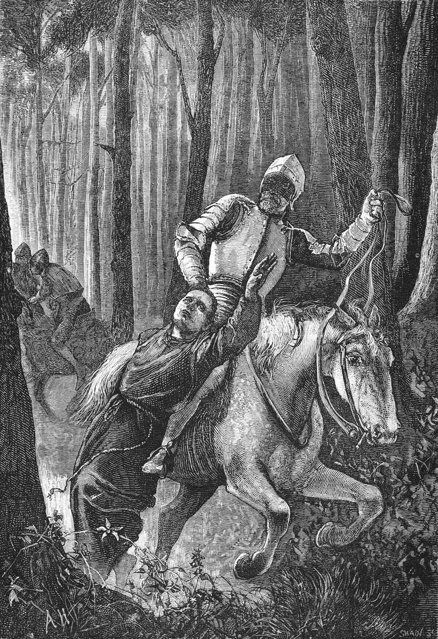 Lutherin kimppuun naamioituneet ratsumiehet Thüringenin metsässä, esimerkki James Aitken Wylien (1808-1890) teoksesta The History of Protestantism, pub. 1878 tekijältä English School