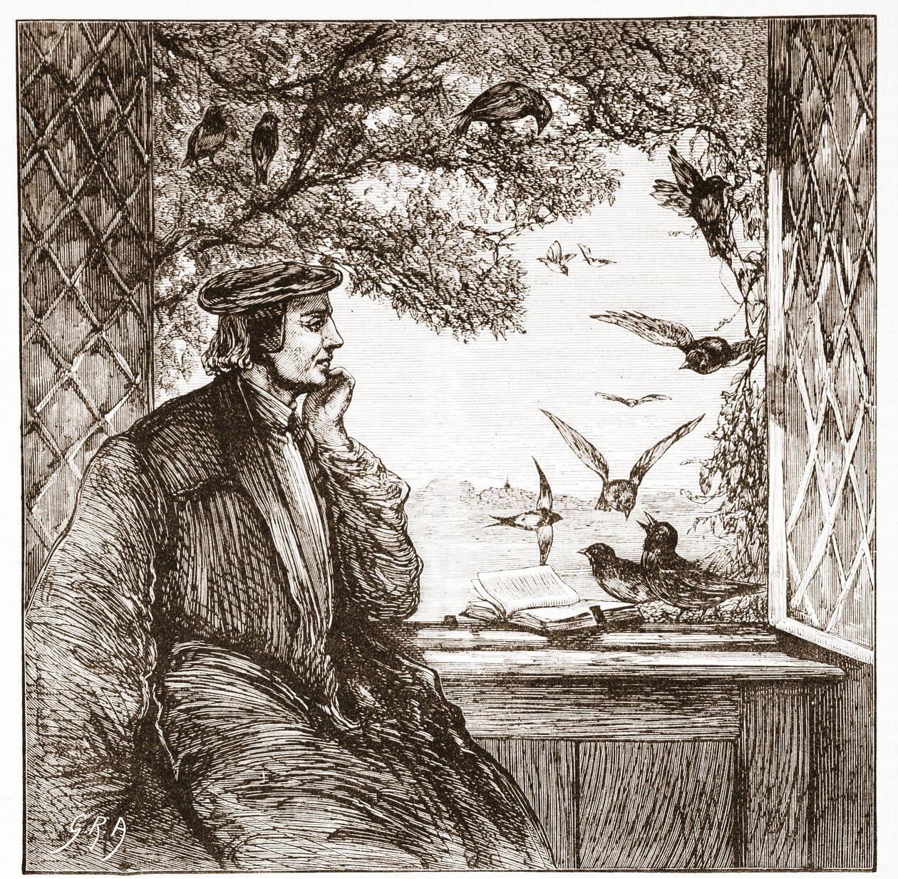 Luther by Coburg Castle: The Diet of Jackdaws, kuvitus James Aitken Wylien (1808-1890) Protestantismin historiasta, pub. 1878 tekijältä English School