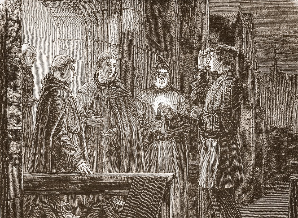 Luther astumassa Augustinus-luostariin, kuvitus James Aitken Wylien (1808-1890) Protestantismin historiasta, pub. 1878 tekijältä English School