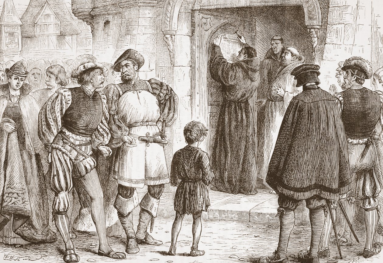Luther naulaa teesinsä Schloss-Kirkin ovelle Wittembergissä, kuvitus James Aitken Wylien (1808-1890) teoksesta The History of Protestantism, pub. 1878 tekijältä English School