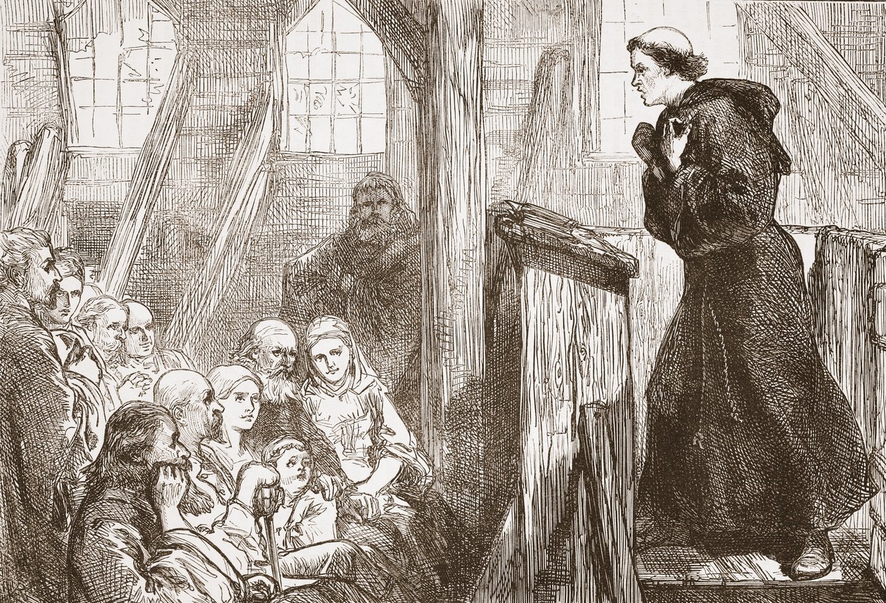 Luther saarnaamassa Wittenbergin vanhassa puukirkossa, kuvitus James Aitken Wylien (1808-1890) Protestantismin historiasta, pub. 1878 tekijältä English School