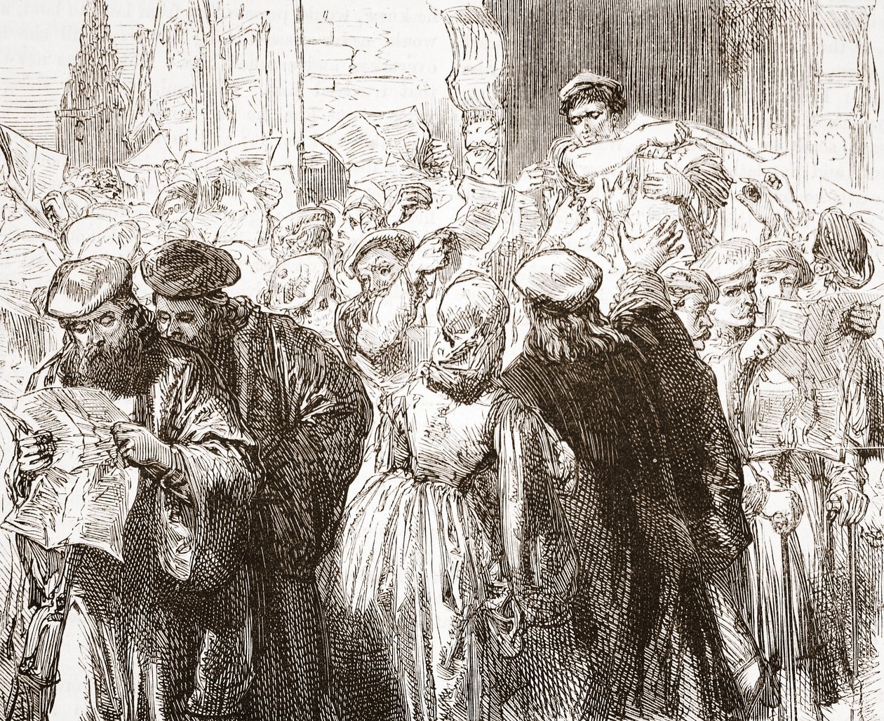 Lutherin pamfletti: kohtaus kirjapainossa, kuvitus James Aitken Wylien (1808-1890) Protestantismin historiasta, pub. 1878 tekijältä English School