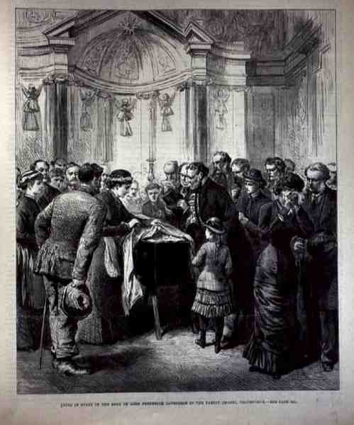 Lord Frederick Cavendishin (1836-82) ruumis makaa valtiossa Chatsworthin perheen kappelissa, The Illustrated London News, 20. toukokuuta 1882 tekijältä English School
