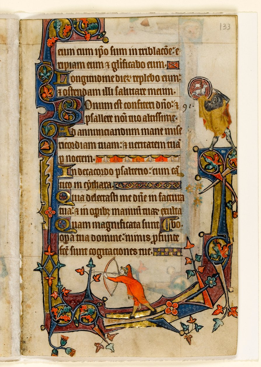 MS 1-2005, fol. 133r: Jousimies ja Pyhä Johannes Kastaja, marginaalinen koristelu Macclesfield Psalterista, Use of Sarum, East Anglia, n. 1330 tekijältä English School