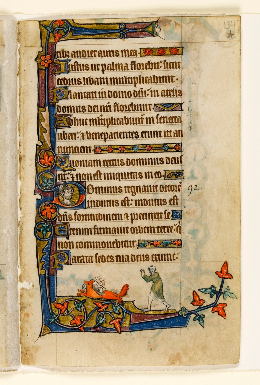 MS 1-2005, fol. 134r: Fox juoksee karkuun maanviljelijöiden vaimon ankan kanssa, marginaalinen koristelu Macclesfield Psalterista, Use of Sarum, East Anglia, n. 1330 tekijältä English School