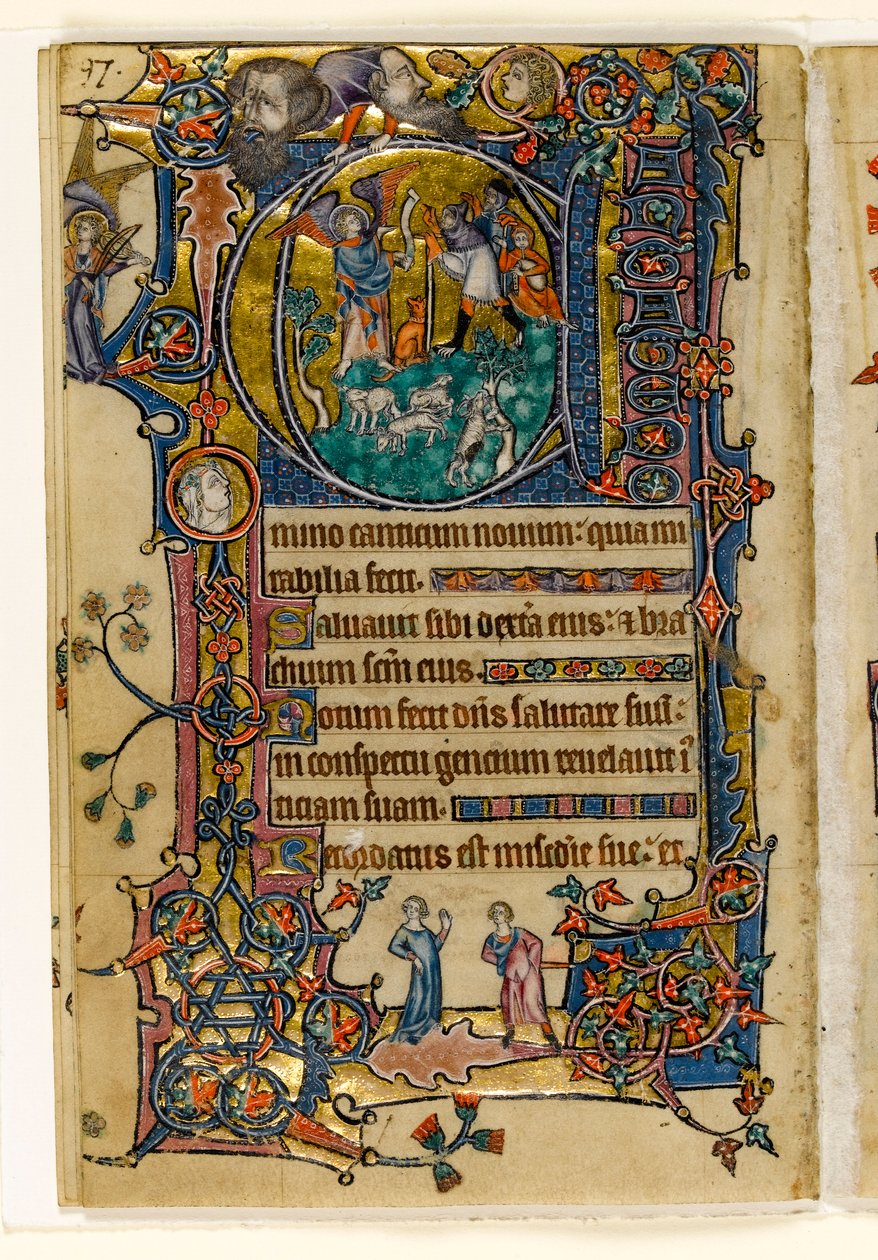MS 1-2005, fol. 139v: The Annunciation to the Shepherds, historiallinen alkukirja Macclesfield Psalterista, Use of Sarum, East Anglia, n. 1330 tekijältä English School