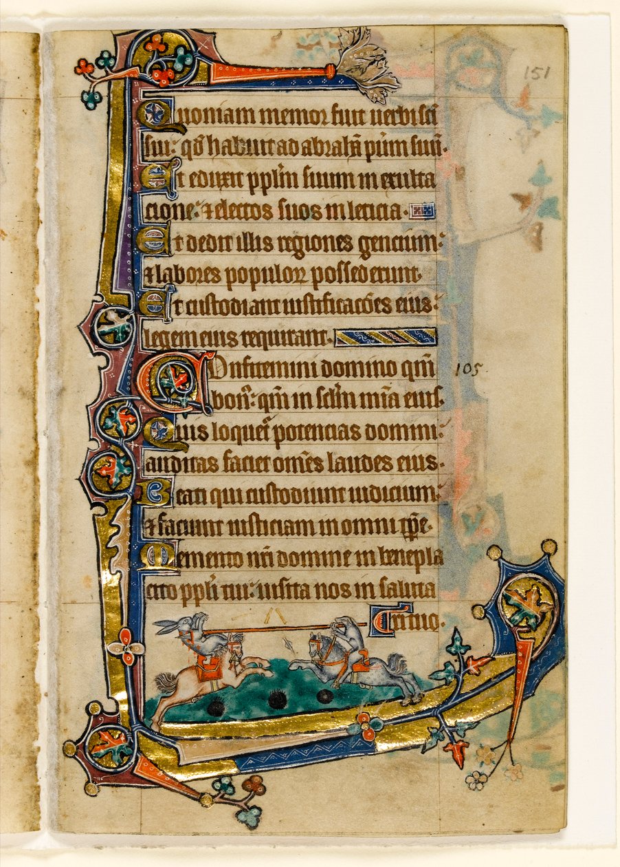 MS 1-2005, fol. 151r: A Hound and Rabbit Jousting, marginaalinen koristelu Macclesfield Psalterista, Use of Sarum, East Anglia, n. 1330 tekijältä English School