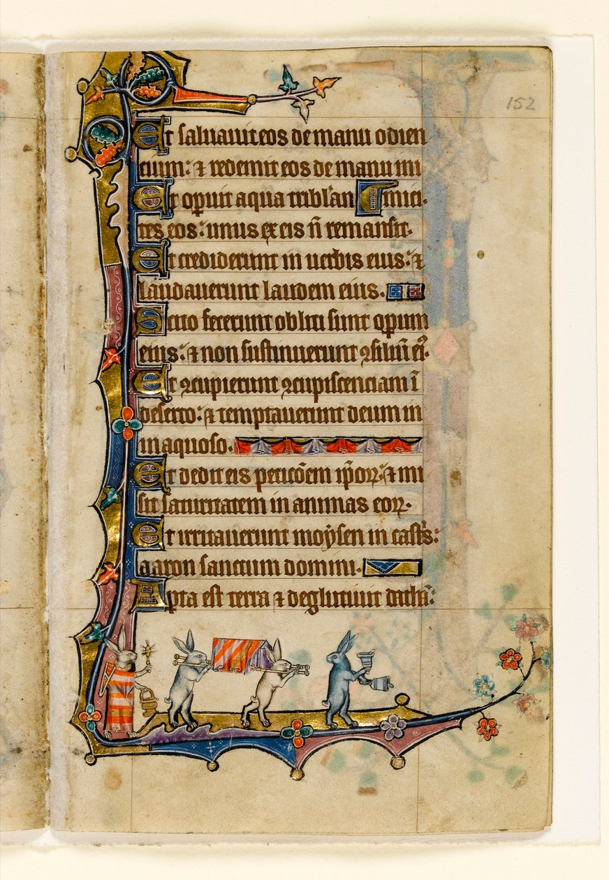 MS 1-2005, fol. 152r: Kanin hautajaiskulkue, marginaalinen koristelu Macclesfield Psalterista, Sarumin käyttö, East Anglia, n. 1330 tekijältä English School