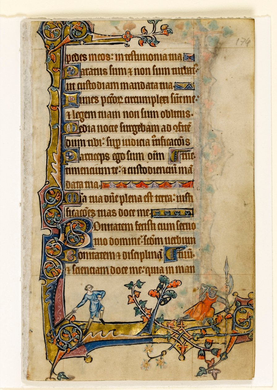 MS 1-2005, fol. 174r: David ja Goljat, marginaalinen koristelu Macclesfield Psalterista, Use of Sarum, East Anglia, n. 1330 tekijältä English School