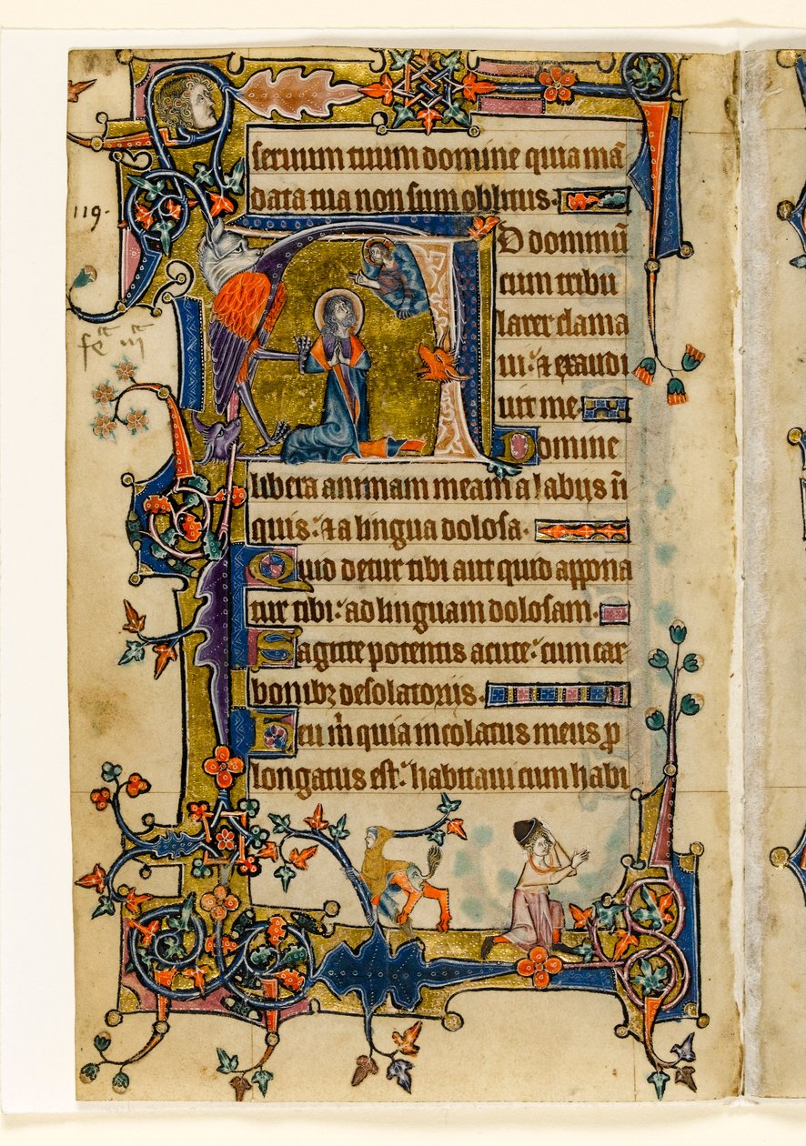 MS 1-2005, fol. 182v: David Praying, historiallinen alkukirja Macclesfield Psalterista, Use of Sarum, East Anglia, n. 1330 tekijältä English School