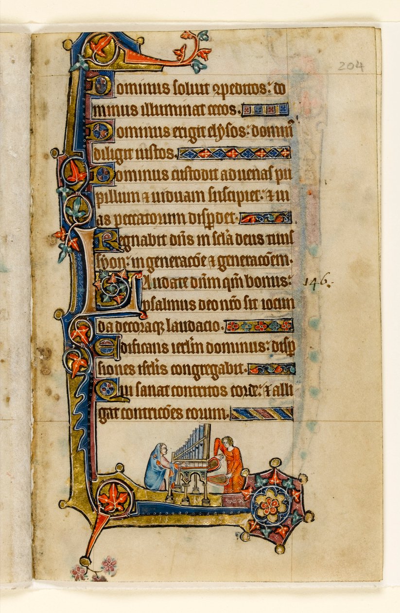 MS 1-2005, fol. 204r: Urkujen soittaminen, marginaalinen koristelu Macclesfield Psalterista, Use of Sarum, East Anglia, n. 1330 tekijältä English School