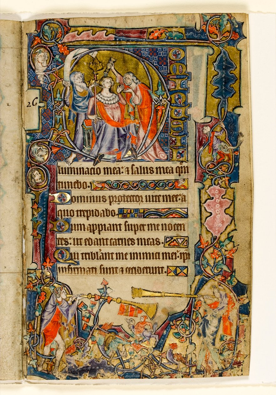 MS 1-2005, fol. 39r: Daavidin ja trumpetistien voitelu, historiallinen alkukirja Macclesfield Psalterista, Use of Sarum, East Anglia, n. 1330 tekijältä English School