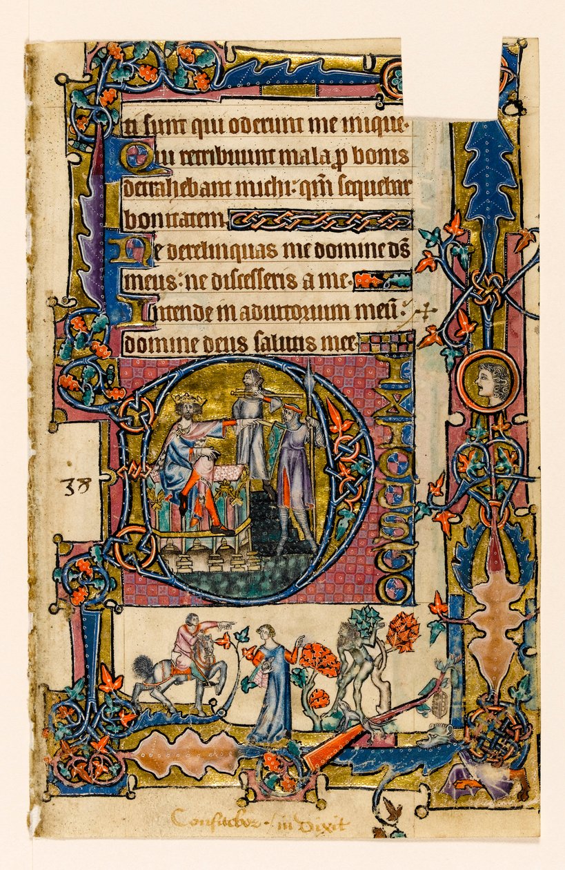 MS 1-2005, fol. 58r: Saul lähettää Doegin tappamaan Nobin papit, historiallinen alkukirja Macclesfield Psalterista, Use of Sarum, East Anglia, n. 1330 tekijältä English School