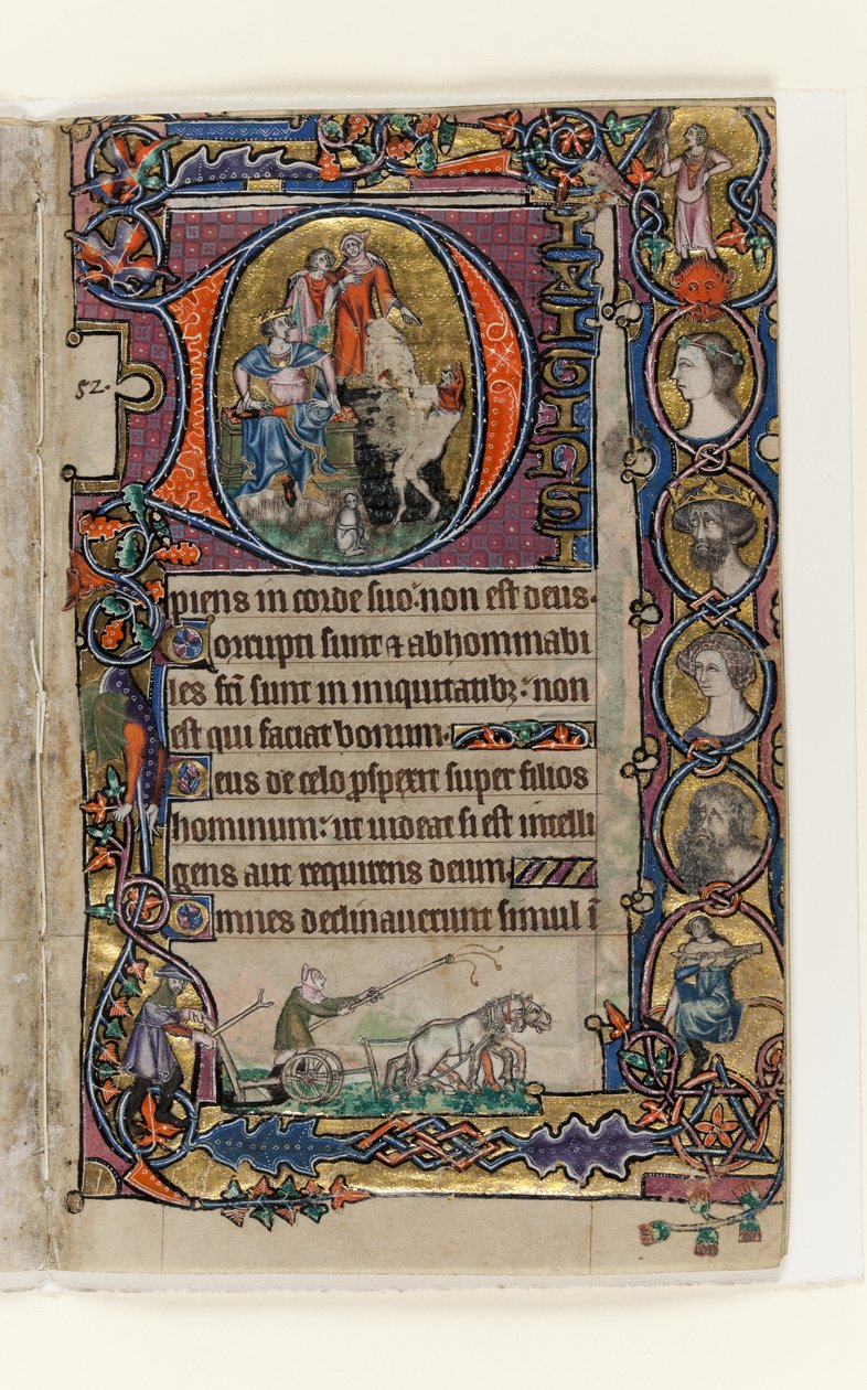 MS 1-2005, fol. 77r: David and the Fool, historiallinen alkukirja Macclesfield Psalterista, Use of Sarum, East Anglia, n. 1330 tekijältä English School
