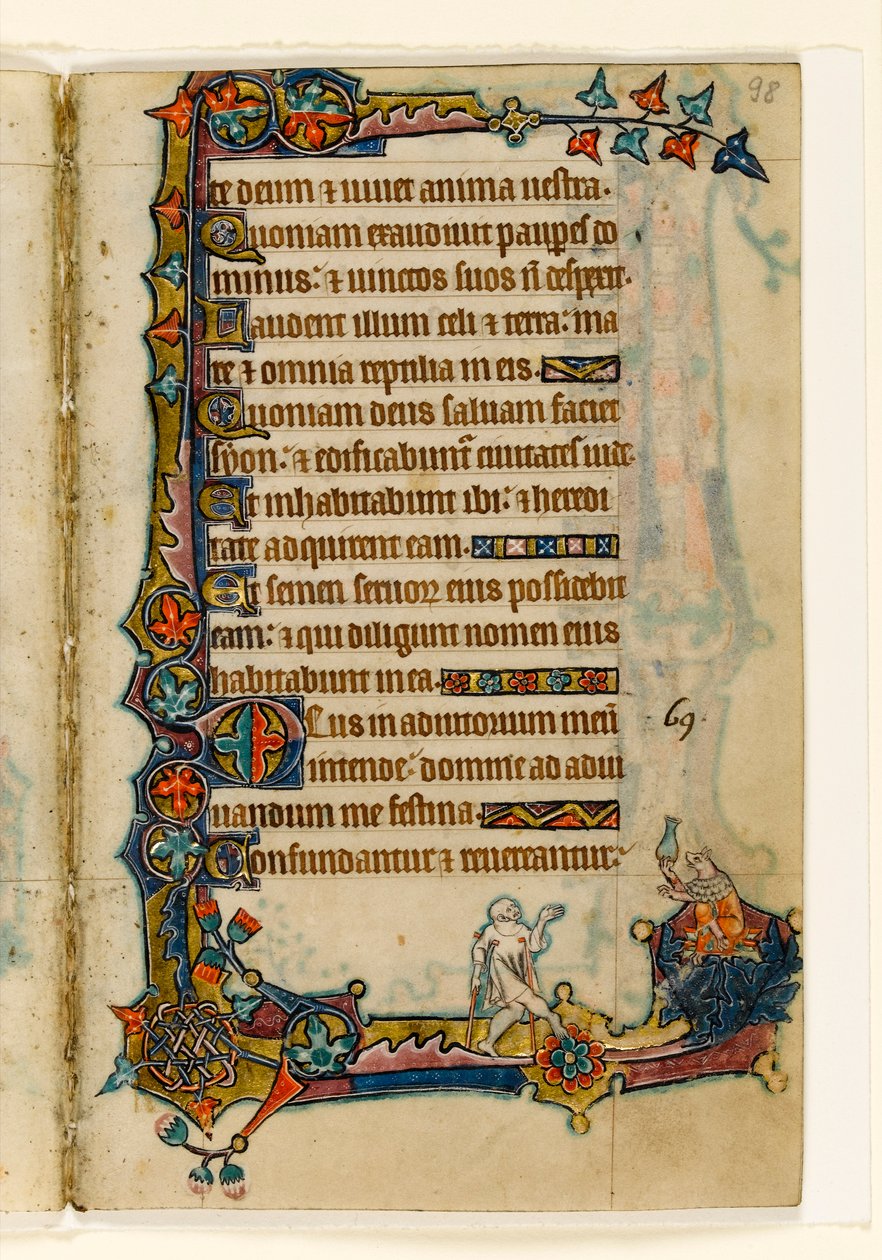 MS 1-2005, fol. 98r: Kerjäläinen ja varakas sika (?), marginaalinen koristelu Macclesfield Psalterista, Use of Sarum, East Anglia, n. 1330 tekijältä English School