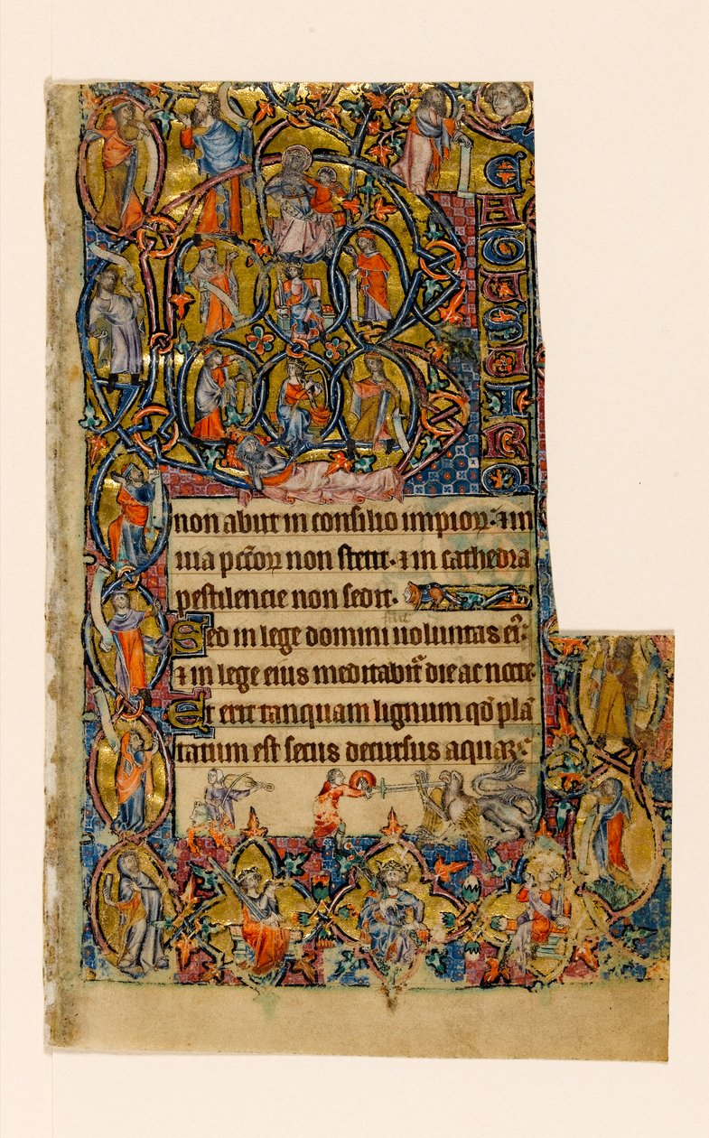 MS 1-2005, fol. 9r: Jessen puu ja Beatuksen alkuperäinen raja muusikon ja groteskin taistelun kanssa, Macclesfield Psalter, Use of Sarum, East Anglia, n. 1330 tekijältä English School