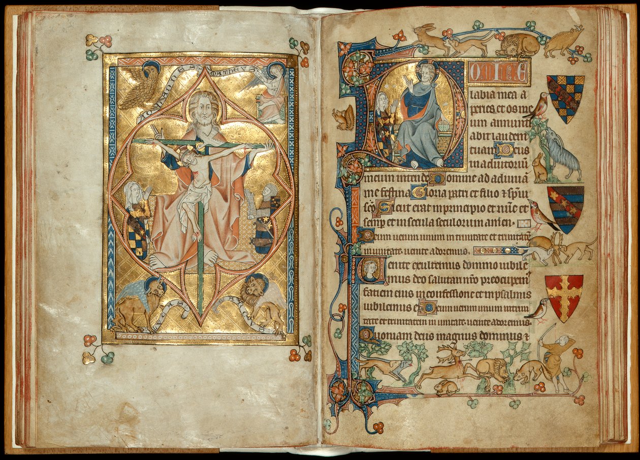 MS 242 f. 28v-29r Armon valtaistuin suojelijoiden kanssa, Kristus siunaus suojelijan kanssa, n. 1314-30 (kultalehti ja tempera pergamentilla) tekijältä English School