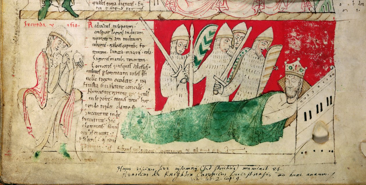MS CCC 157 s.382 Kuningas Henrik I:n Normandiassa vuonna 1130 näkemät näyt, jotka Worcesterin Johannes lisäsi noin vuonna 1140 Worcesterin Firenzen (k. 1118) noin vuosina 1130-40 aloittamaan kronikkaan (pergamentti) (yksityiskohta asiakirjasta 95503). tekijältä English School