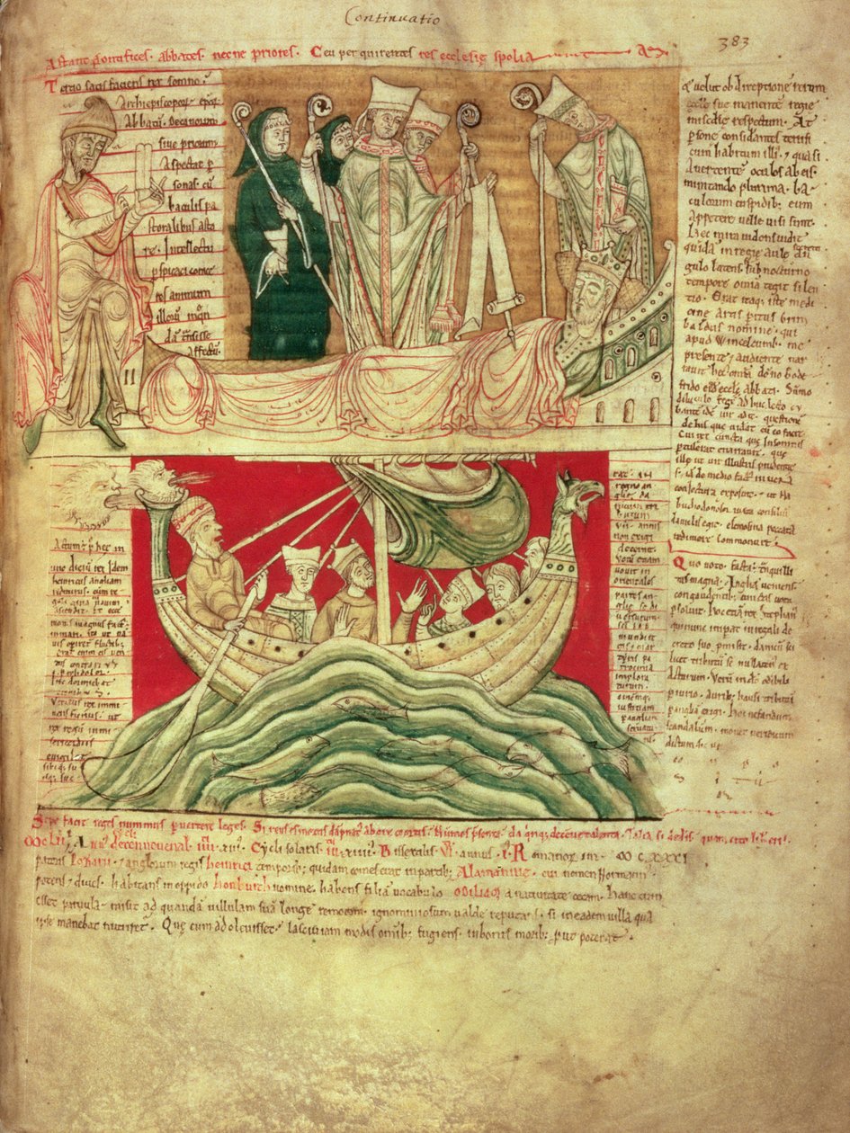 MS CCC 157 s.383 Kuningas Henrik I:n Normandiassa vuonna 1130 näkemät näyt Worcester Chroniclesta, n. 1130-1140 (vellum) lisäsi John of Worcesterin n. 1140 Firenze of Worcester (k. k.) aloittamaan kronikkaan. 1118); yksi varhaisimmista selvinneistä kroonis tekijältä English School