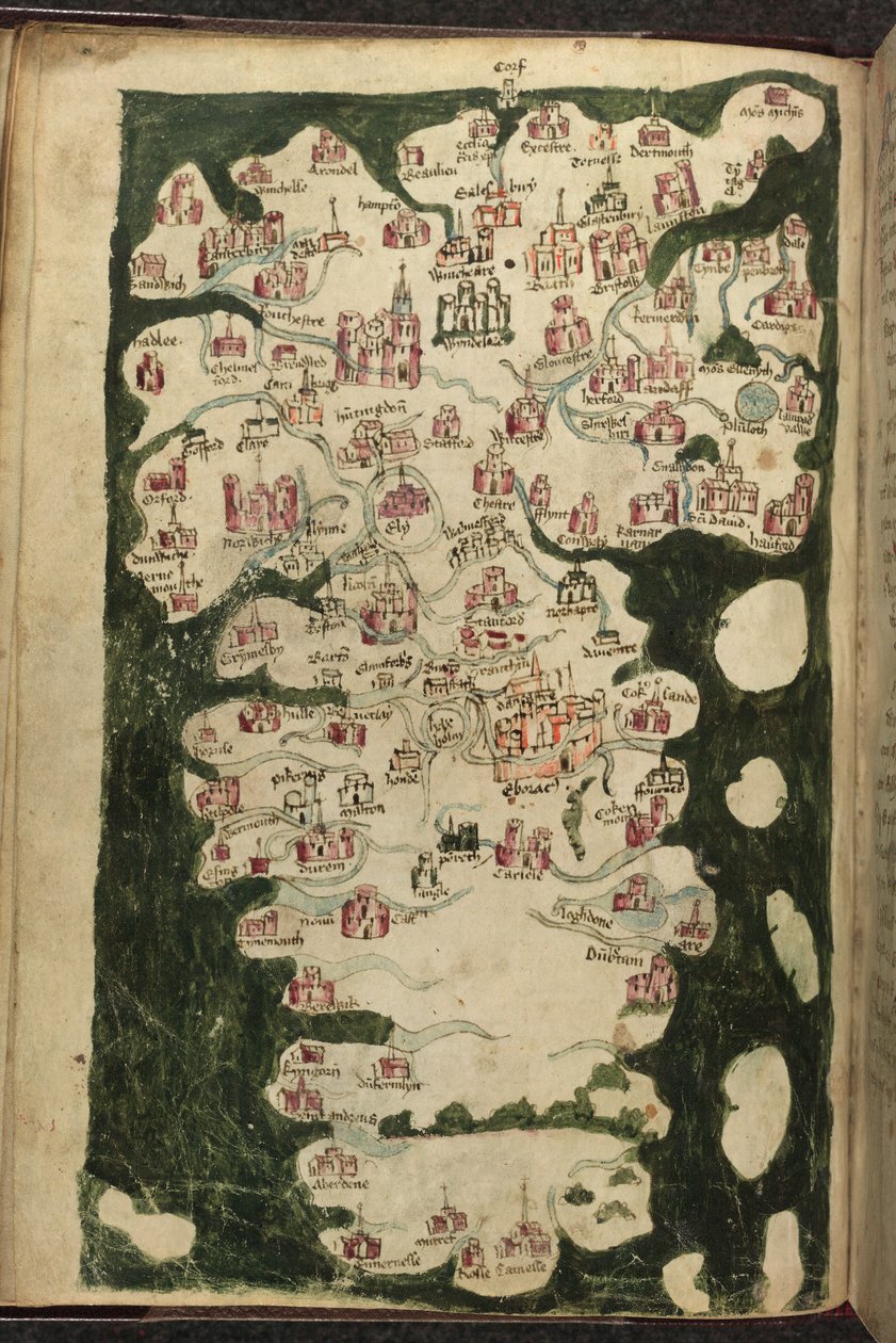 MS Harley 1808, f.9v Englannin ja Walesin kartta, "Totius Britannae Tabula Chorographica", n. 1400 (vellum) tekijältä English School