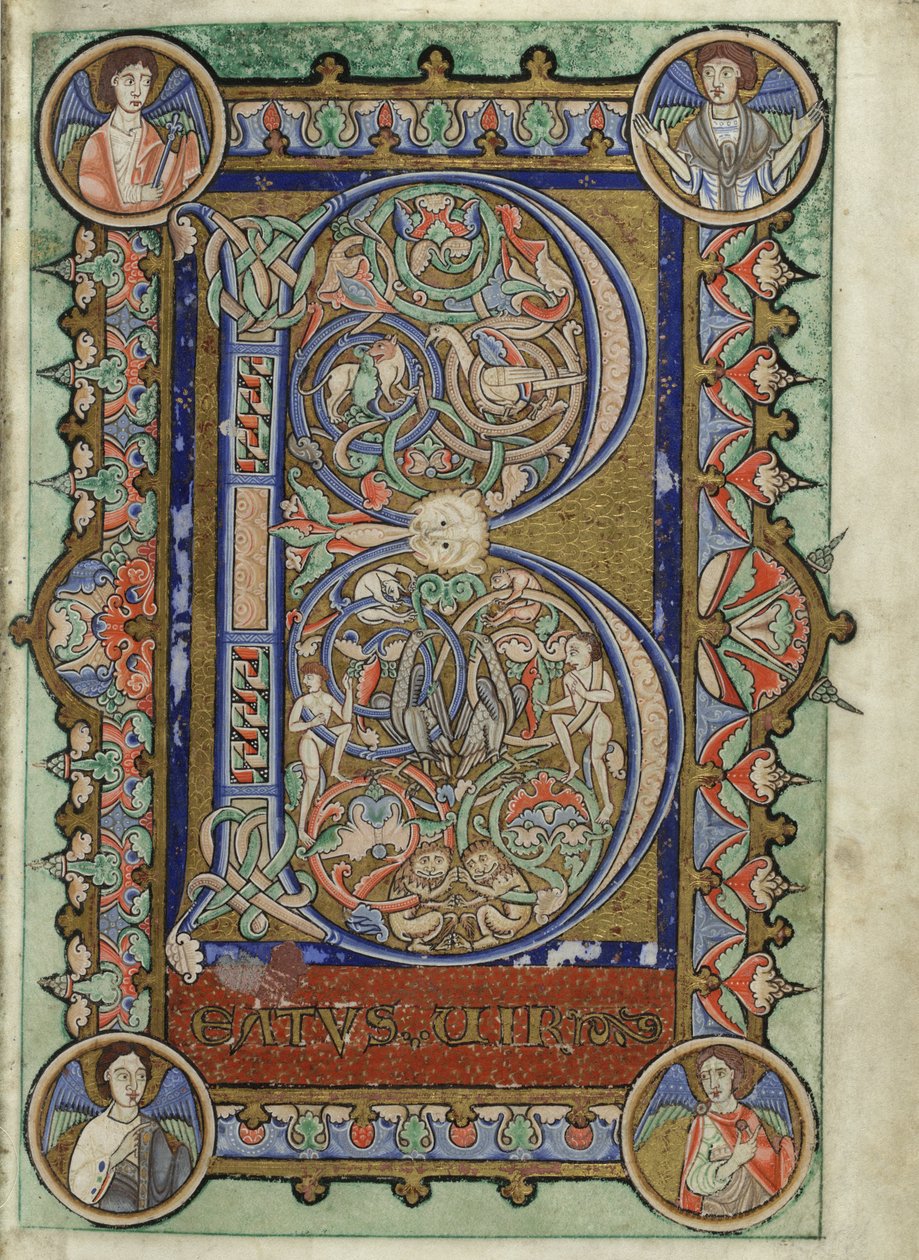 MS Hunter 229 f.22r, Hunterian Psalter, n. 1170 (kynä ja muste ja tempera perunakalvolla) tekijältä English School