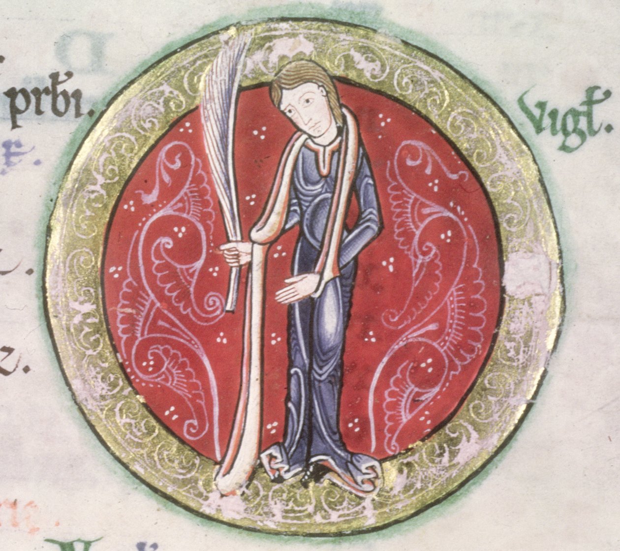 MS Hunter 229 f.4v Virgo, Hunterian Psalter, n. 1170 (kynä & muste ja tempera perunakalvolla) (yksityiskohta) tekijältä English School