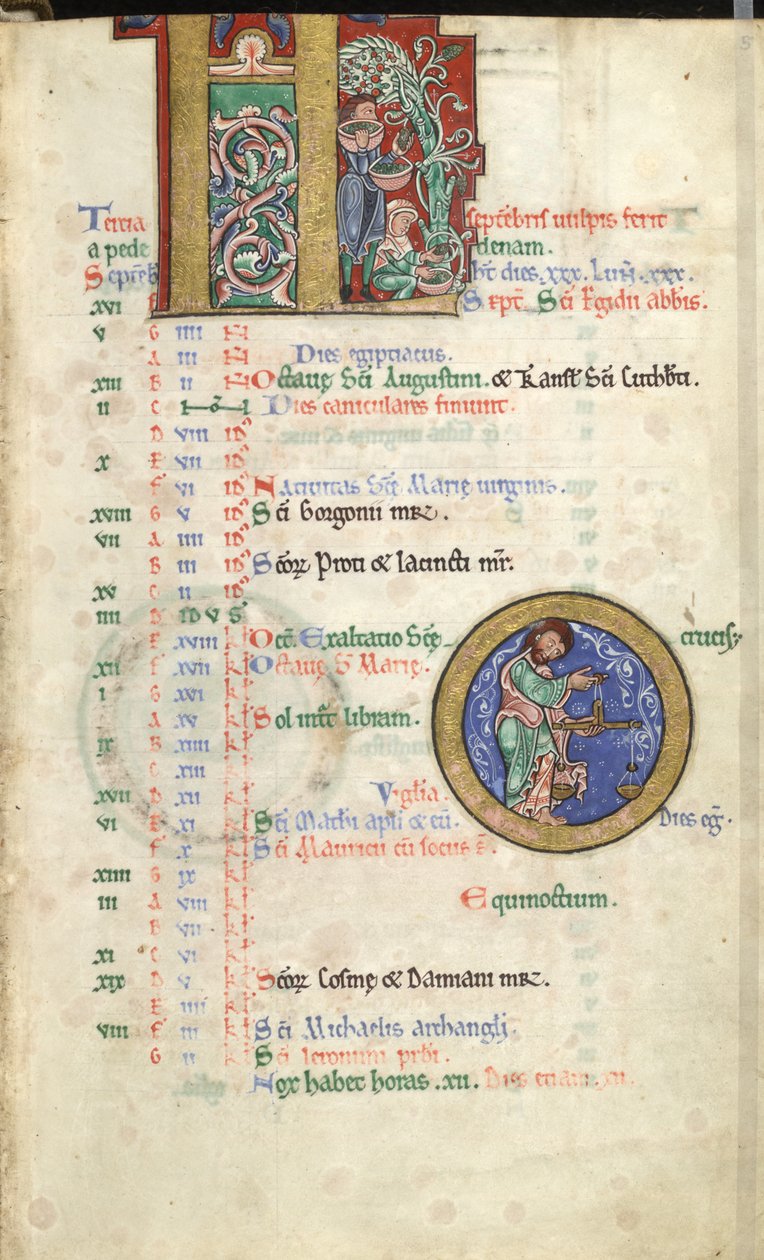 MS Hunter 229 f.5r September, Hunterian Psalter, n. 1170 (kynä ja muste ja tempera perunakalvolla) tekijältä English School