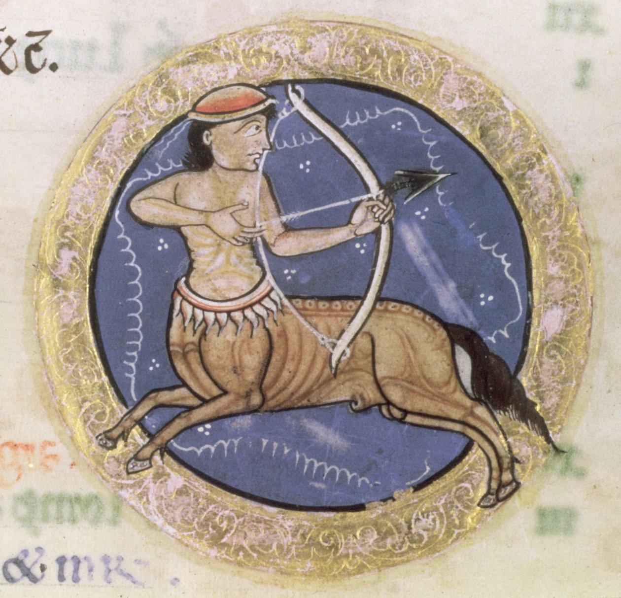 MS Hunter 229 f.6r Sagittarius, Hunterian Psalter, n. 1170 (kynä & muste ja tempera vellum) (yksityiskohta) tekijältä English School