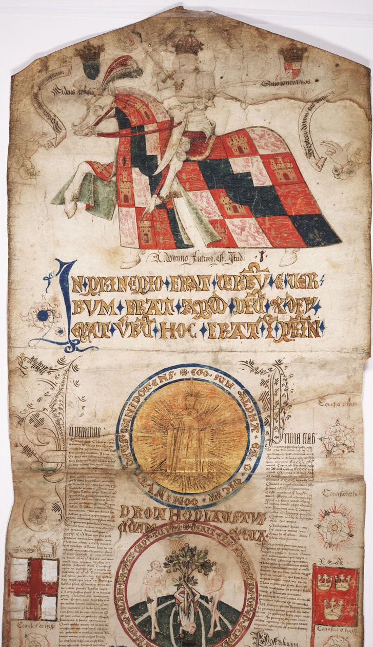 MS Lewis E 201, osa 1, Chronicle of the History of the World Creation to Woden, jossa on Edward IV:n sukututkimus, n. 1461 (kynä ja mustetta, temperaa ja kultaa perunakalvolla) tekijältä English School