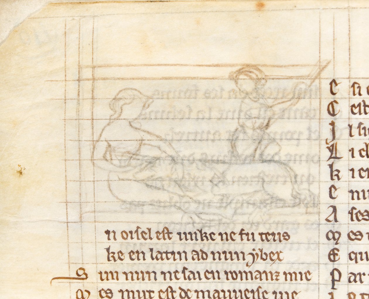 MS McClean 123 f.40v -pohjapiirros pienoiskoossa, jossa metsästäjä nappaa neitsyen sylissään alasti makaavan yksisarvisen, "Nuneaton Book", n. 1280-1300 (muste pergamentille) (yksityiskohta numerosta 418062) tekijältä English School