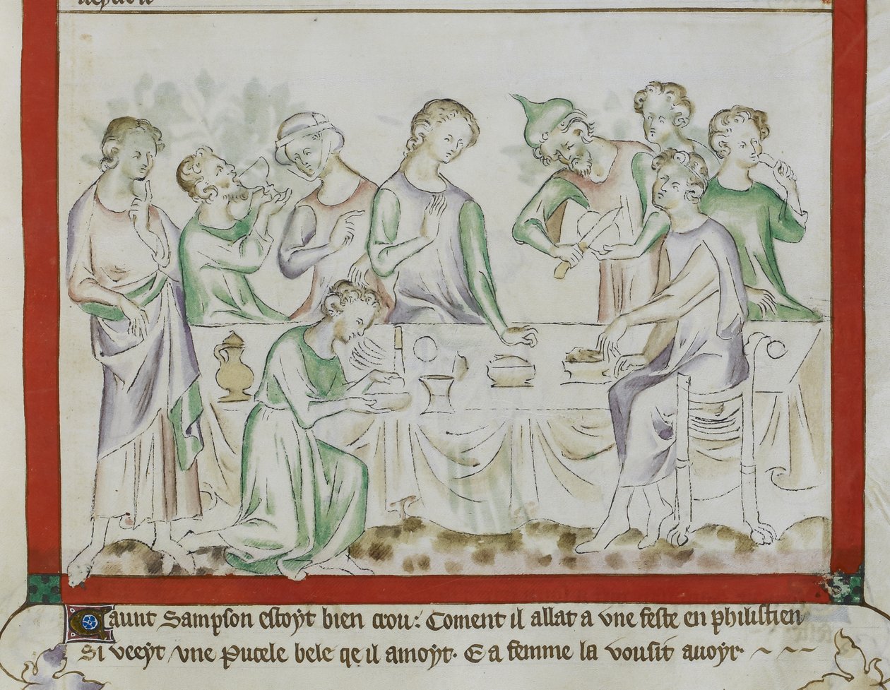 MS Royal 2 BVII, f.43 Simsonin ja Delilan tapaaminen filistealaisten juhlassa, yksityiskohta Queen Mary Psalterista tekijältä English School