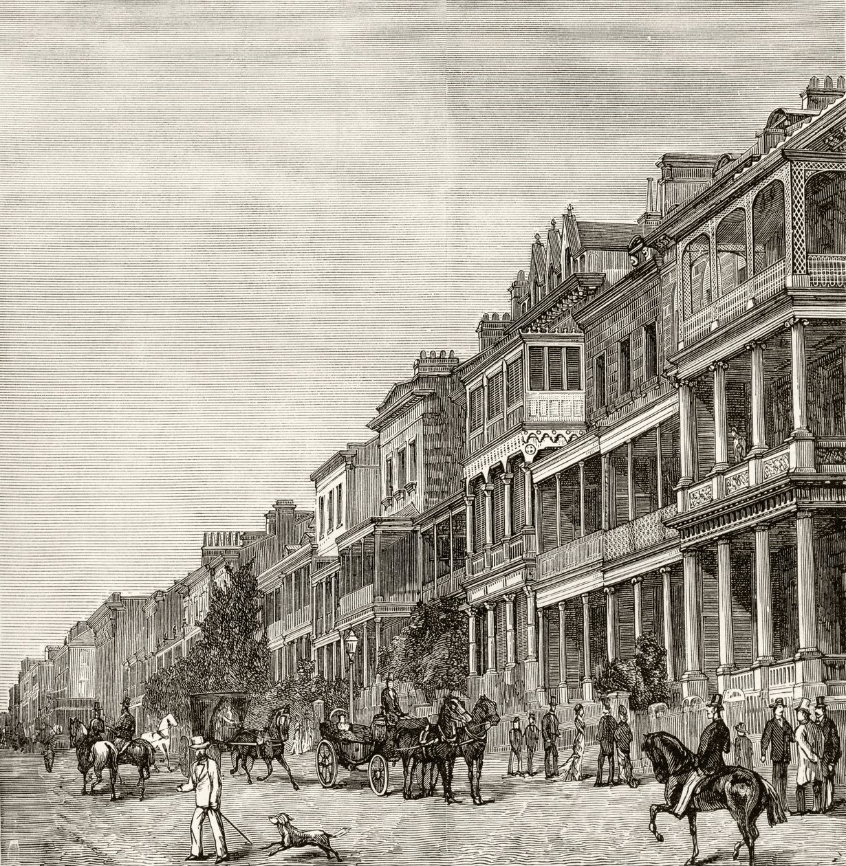 Macquarie Street, Sydney, n. 1880, Howard Willoughbyn "Australian Pictures" -julkaisusta, julkaisija Religious Tract Society, Lontoo, 1886 tekijältä English School