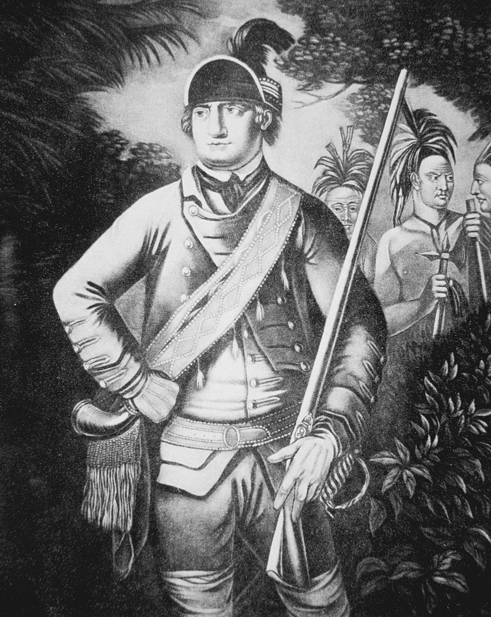 Majuri Robert Rogers, "Rogers Rangersin" komentaja brittiläisessä asiassa Ranskan ja Intian sodan aikana 1755-63 (litho) tekijältä English School