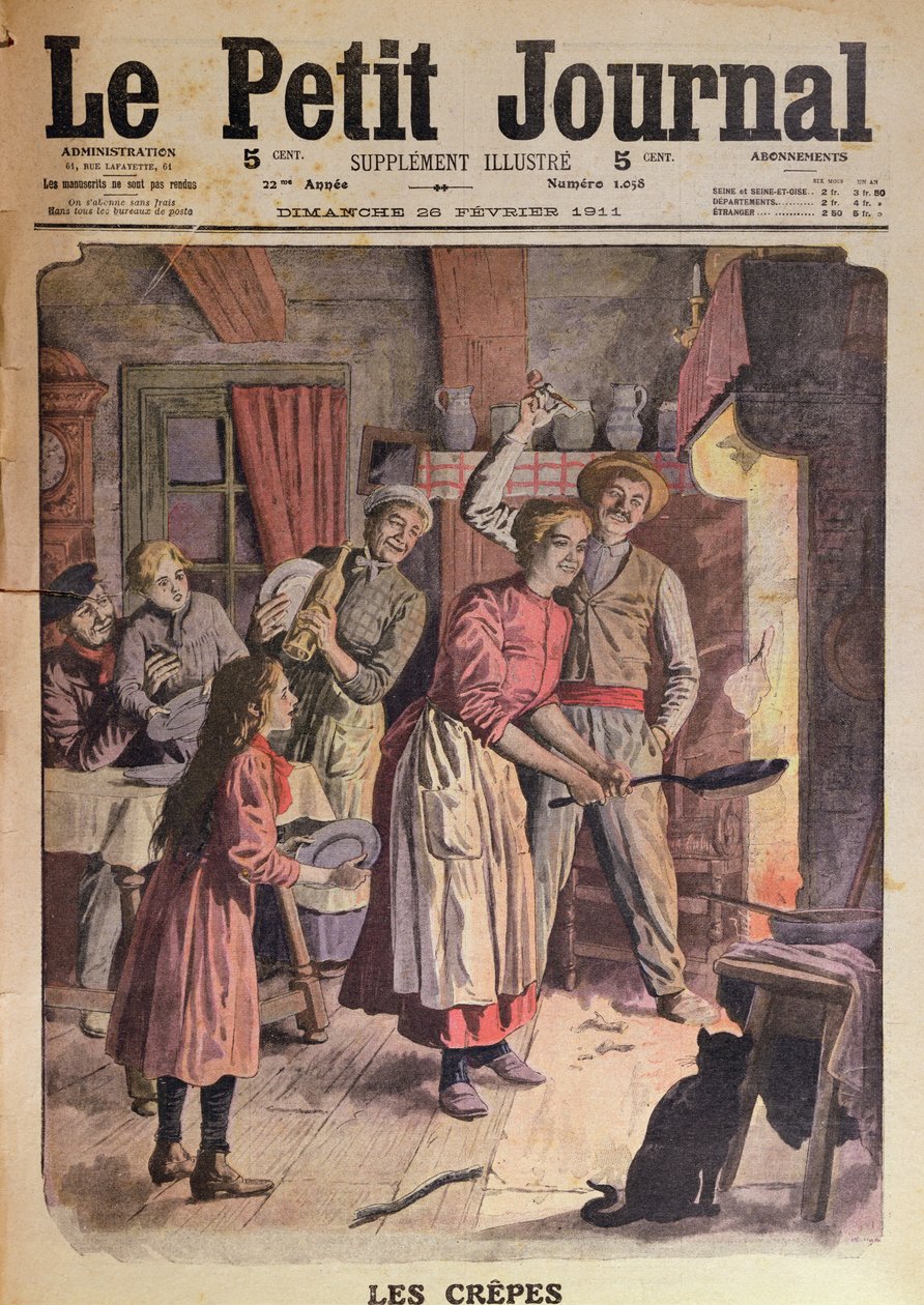 Pannukakkujen valmistus, kuva Le Petit Journalista, 26. helmikuuta 1911 tekijältä English School