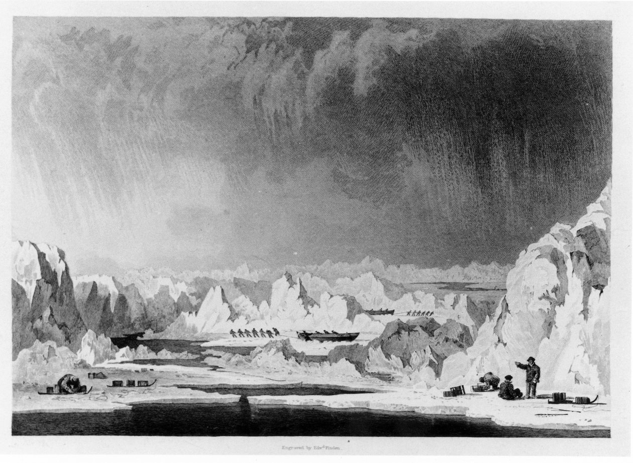 Mies käsittelee veneitä jääkourujen läpi, kuvitus William Parryn kertomuksesta yrityksestä päästä pohjoisnavalle, kaivertanut Edward Finden (1791-1857), julkaistu 1828 (bw ph) tekijältä English School