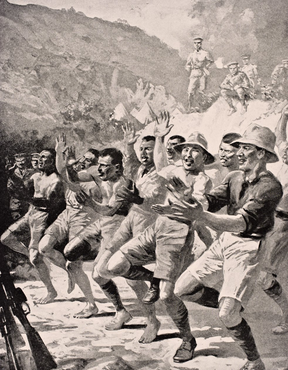 Maorisotilaat esittävät Hakan Gaba Tepessä Gallipolin niemimaalla Turkissa 1915, Lontoossa 1916 julkaistusta The War Illustrated Album deLuxesta tekijältä English School