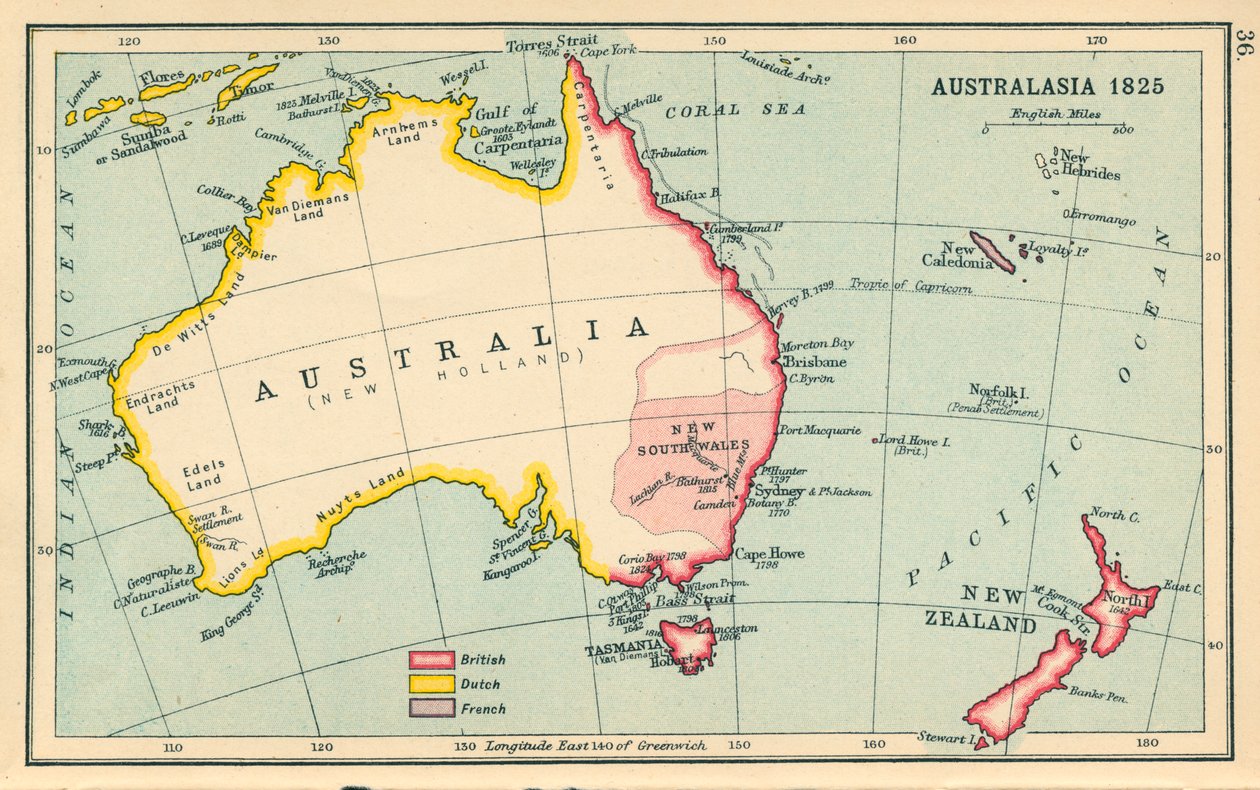 Kartta: Australasia 1825 (värilitografia). tekijältä English School