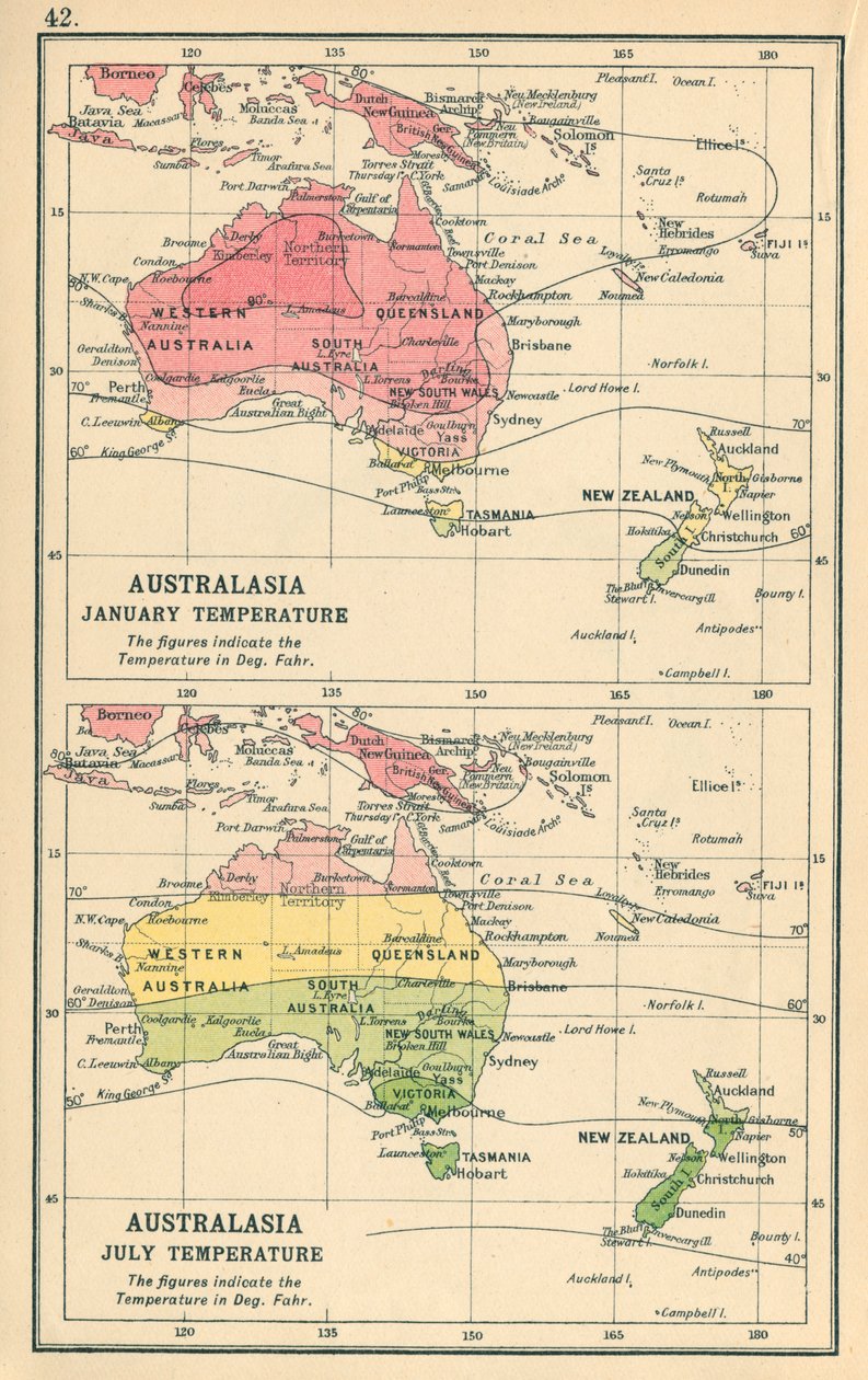 Kartta: Australasia, tammikuun lämpötila, heinäkuun lämpötila (värilitografia). tekijältä English School