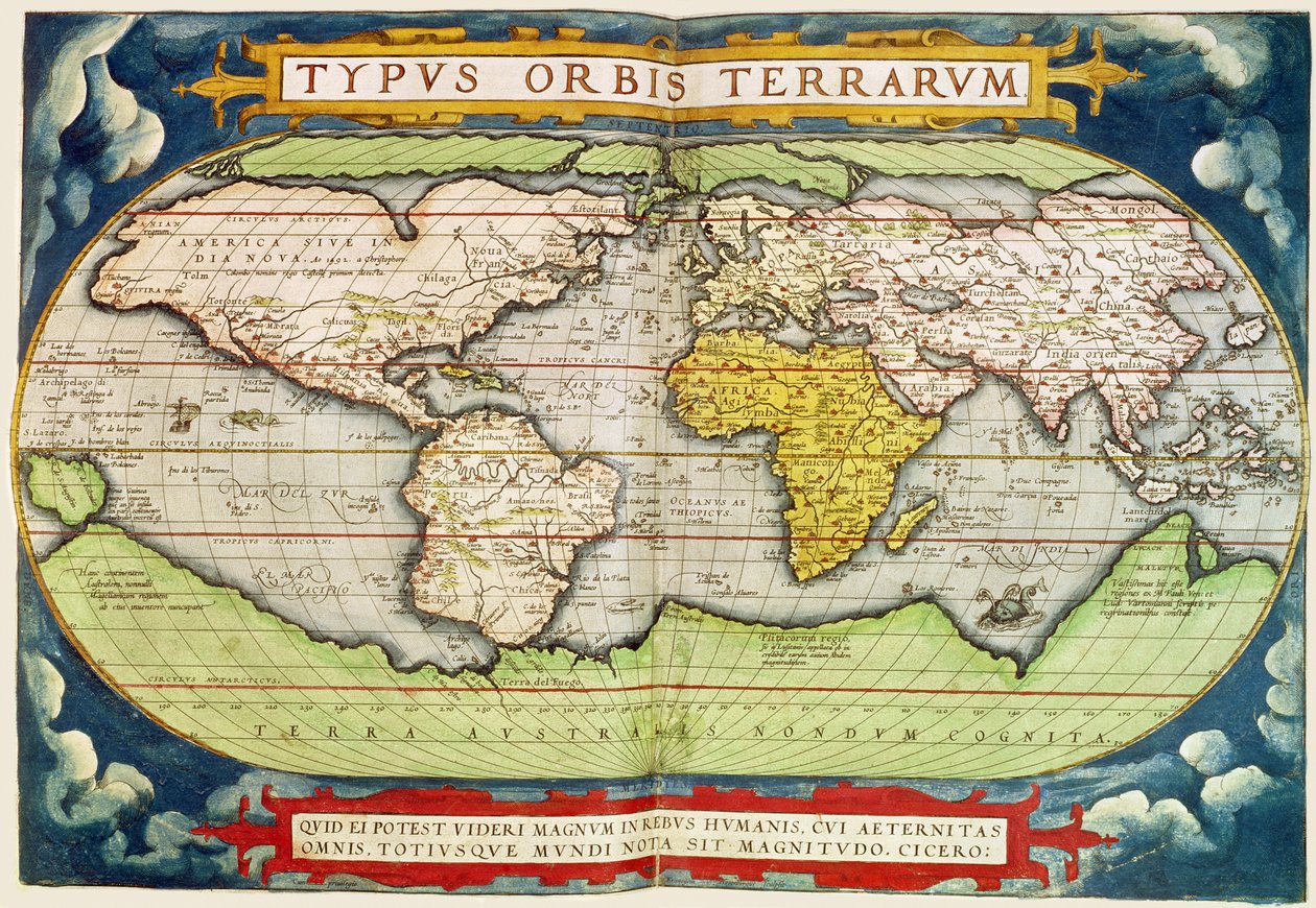 Kartta Sir Francis Draken (n. 1540-96) maapallon ympärimatkasta, kaivertanut Frans Hogenburg (1535-90) tekijältä English School