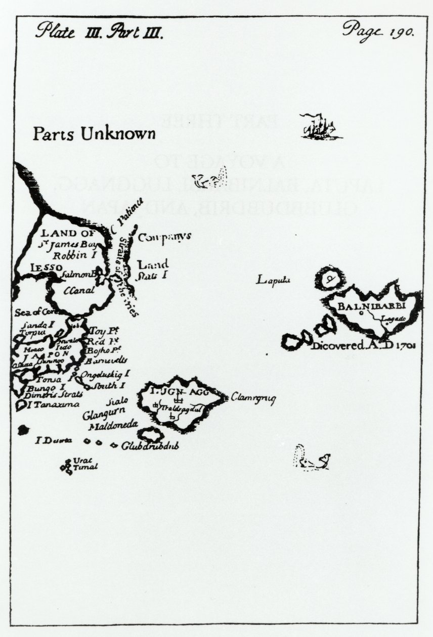 Jonathan Swiftin (1667-1745) Gullivers Travelsin kartta tekijältä English School