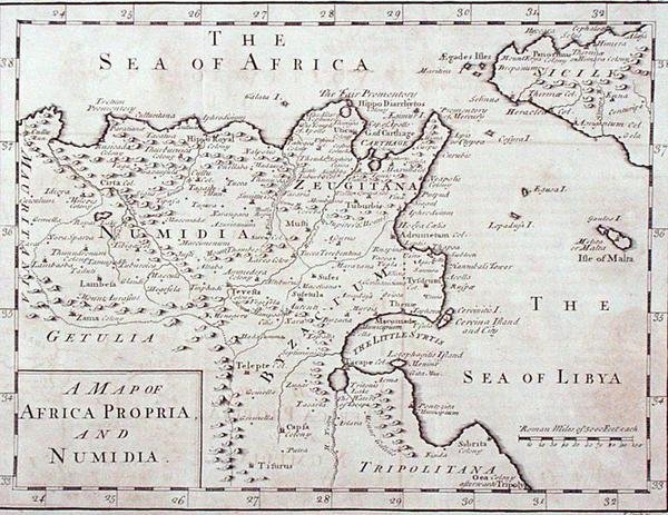 Kartta Afrikasta Propria ja Numidia (nykyaikainen Tunisia ja Algeria) 1700-luvun lopulla (kaiverrus) tekijältä English School