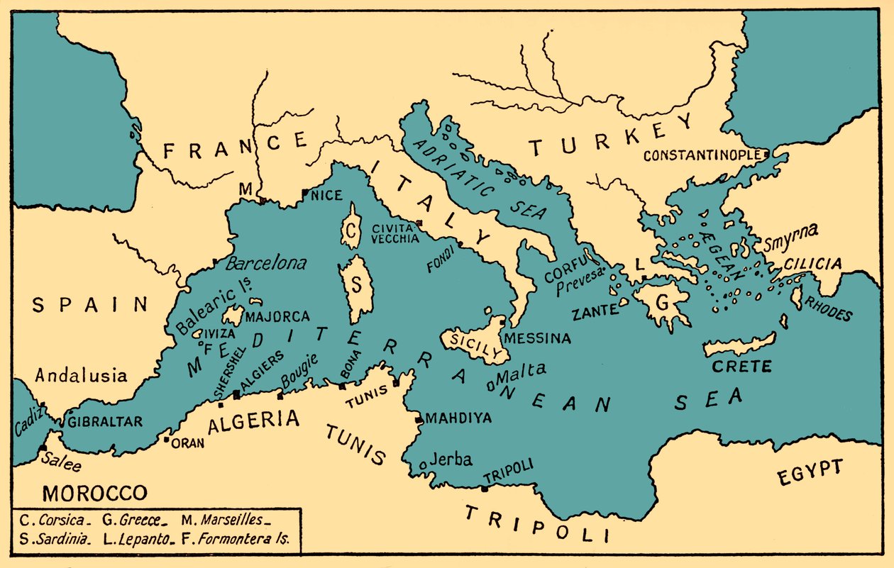 Kartta muinaisesta merirosvouksesta ja Barbarian korsareista, Philip Gossin kirjasta "History of Piracy". tekijältä English School