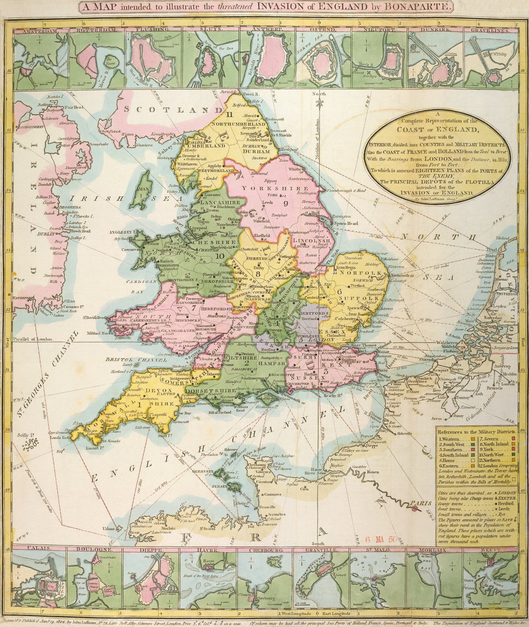 Britannian kartta, joka havainnollistaa Napoleon Bonaparten (1769-1821) 1803 uhattua hyökkäystä (väri litho) tekijältä English School