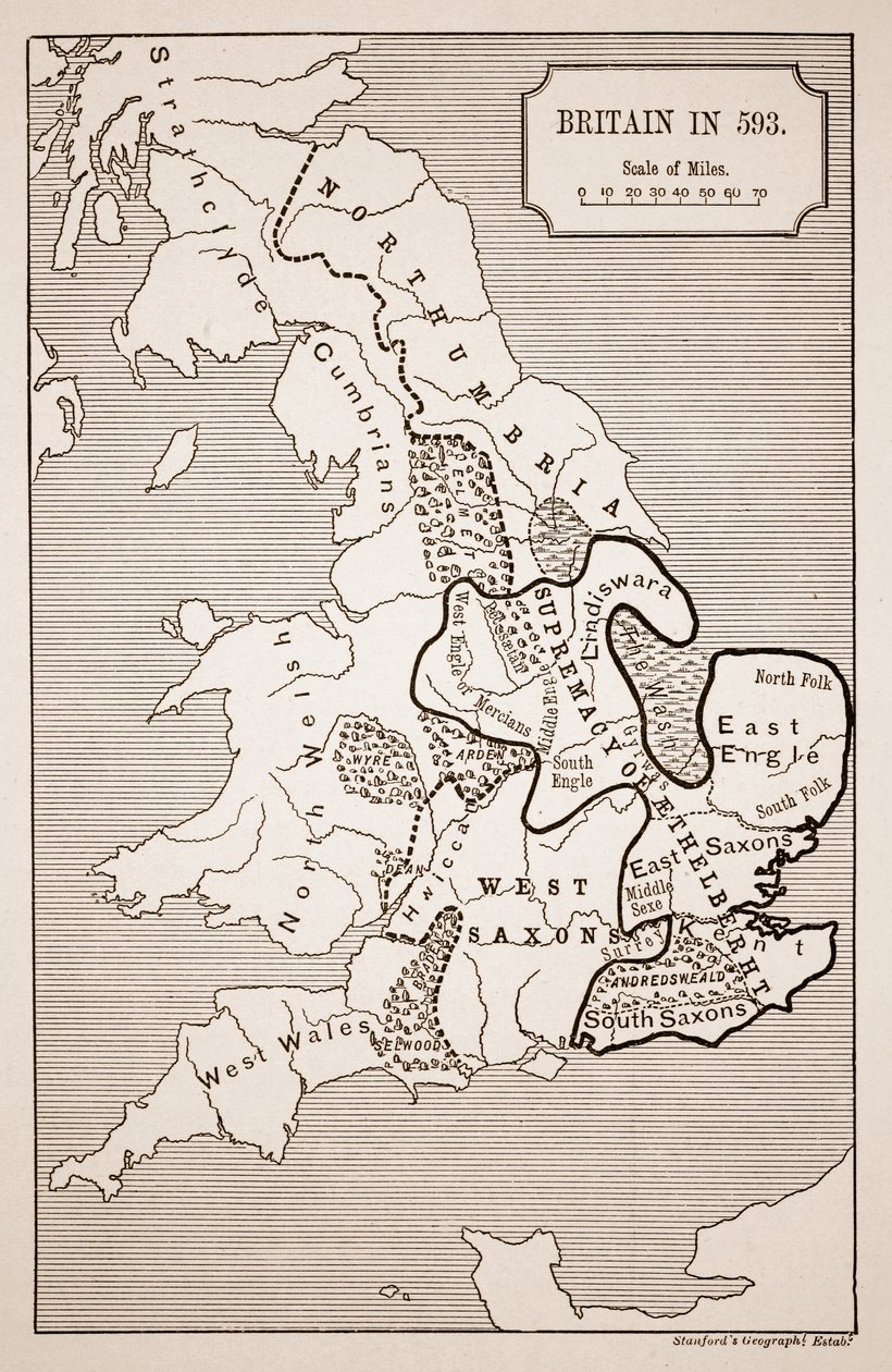 Britannian kartta vuonna 593, painanut Stanfords Geographical Establishment tekijältä English School