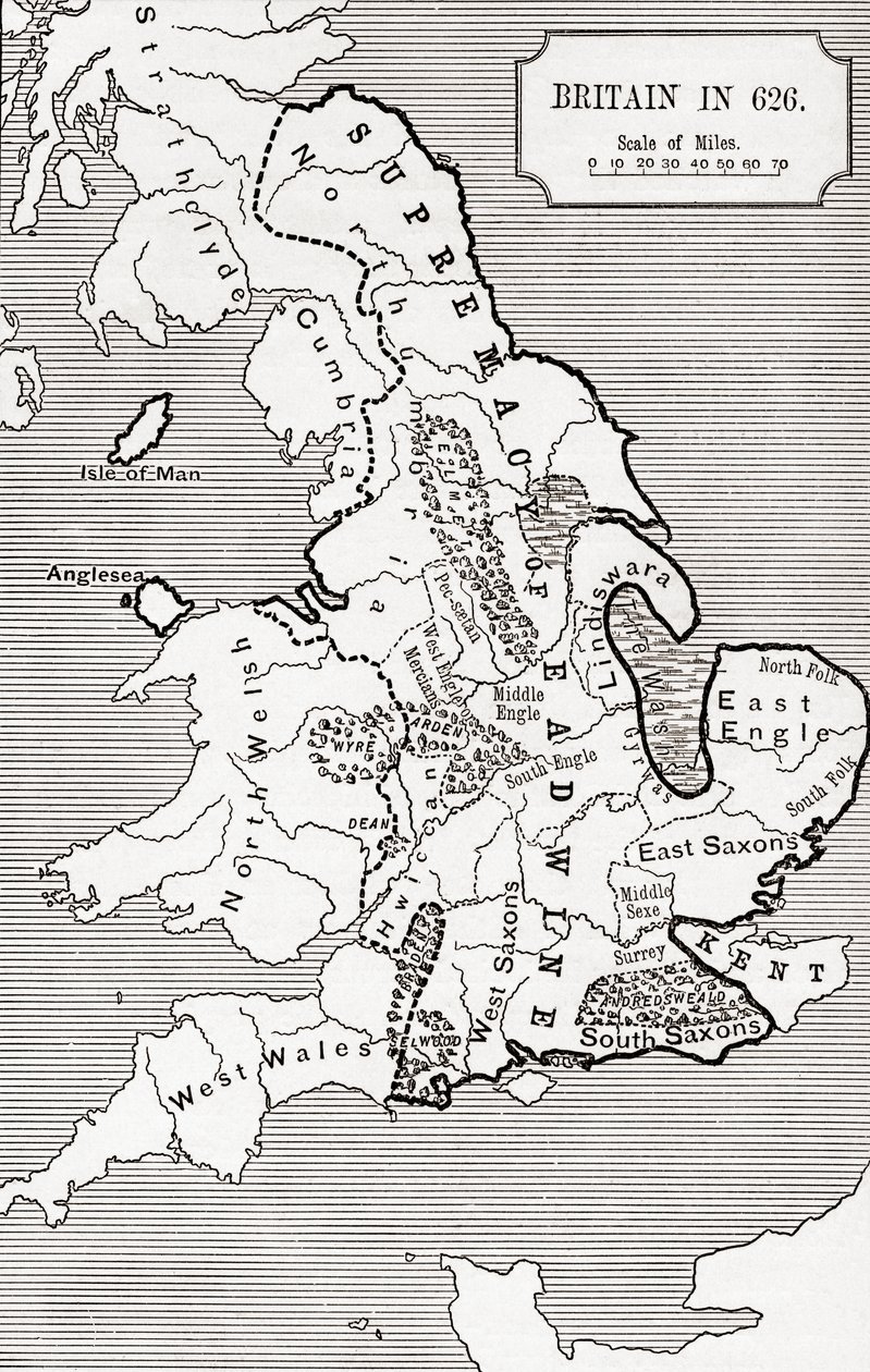 Britannian kartta vuonna 626, Northumbrian kuningaskunnasta 588–685 J. R. Greenin teoksessa A Short History of the English People, julkaistu 1893 tekijältä English School
