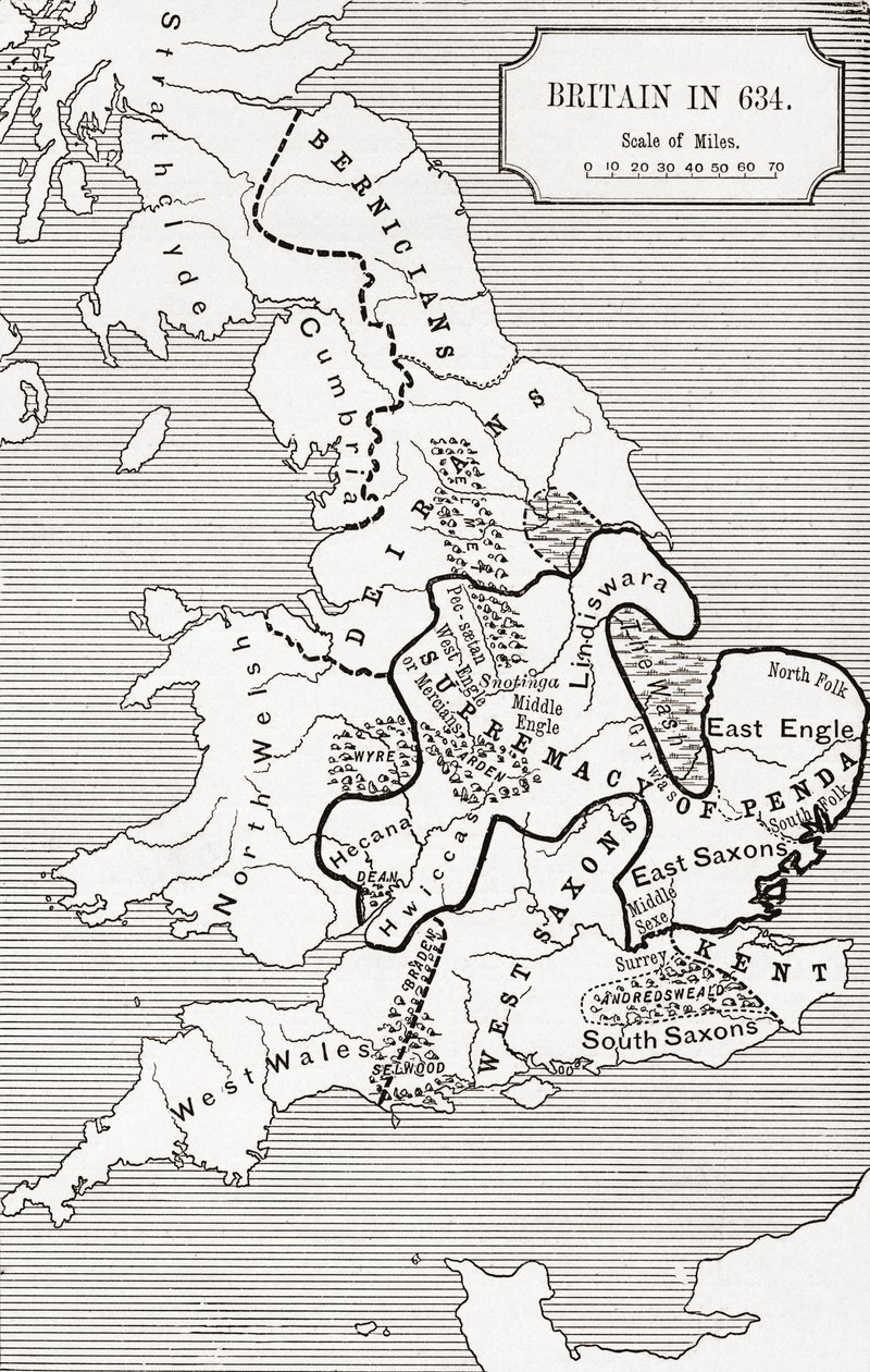 Britannian kartta vuonna 634, Northumbrian kuningaskunnasta 588–685 J. R. Greenin teoksessa A Short History of the English People, julkaistu 1893 tekijältä English School