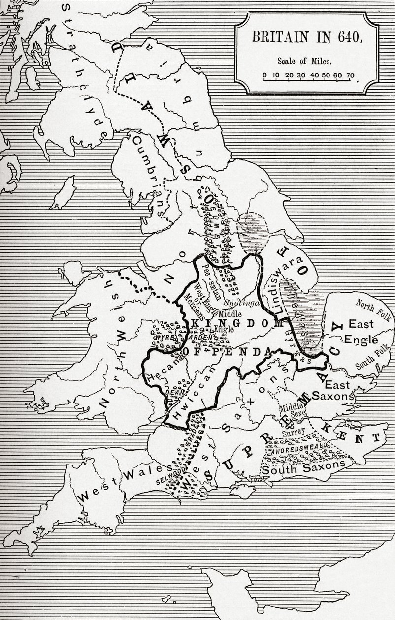Britannian kartta vuonna 640, Northumbrian kuningaskunnasta J. R. Greenin teoksessa A Short History of the English People, julkaistu 1893 tekijältä English School